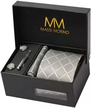 Massi Morino Krawattenset kariert grau mit Einstecktuch, Manschettenknöpfen & Krawattenklammer (HU-XI-144)