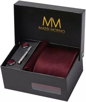 Massi Morino Krawattenset weinrot mit Einstecktuch, Manschettenknöpfen & Krawattenklammer