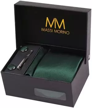Massi Morino Krawattenset smaragdgrün mit Einstecktuch, Manschettenknöpfen und Krawattenklammer