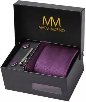 Massi Morino Krawattenset lila mit Einstecktuch, Manschettenknöpfen und Krawattenklammer