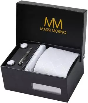 Massi Morino Krawattenset mit Einstecktuch, Manschettenknöpfen & Krawattenklammer, Herren (HU-XI-201)