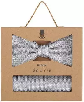 Prince Bowtie Fliege und Einstecktuch Set, Seide, silber/grau gemustert