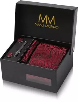 Massi Morino Krawattenset Paisley weinrot, Einstecktuch, Manschettenknöpfe & Krawattenklammer
