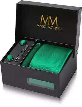Massi Morino Krawattenset grün mit Einstecktuch, Manschettenknöpfen und Krawattennadel, Herren