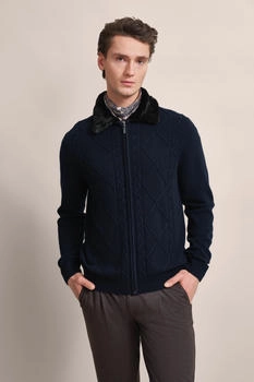 Bugatti Strickjacke unechtem Fellkragen blau marine