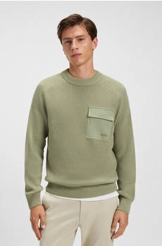 Hugo Boss Gerippter Pullover aus Baumwolle mit kontrastierender Tasche - Style Kalamaro 50546175 Hellgrün