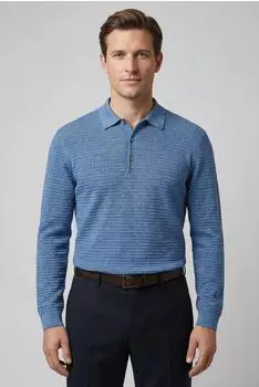 OLYMP Langarm Polo Strick rauchblau