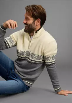 Man's World Basic Strickpullover Troyer mit Norweger-Muster Regular Fit creme/grau