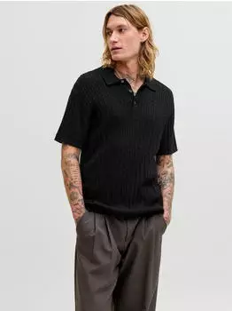 Jack & Jones JJEEMIL KNIT CABLE POLO SS LN Polokragenpullover (12288259) schwarz