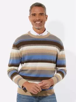 Sieh an! Rundhals-Pullover Langarm Jacquard ecru-mittelblau-geringelt