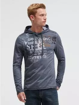 Camp David Rundhalsshirt mit Kapuze blau concrete