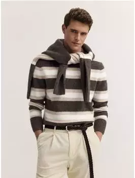 Bugatti Round Neck Pullover Regular Fit Wool Mix Alpaca Striped (BUGk1vg001000005) dunkelbeige/dunkelbraun/wei&szlig;