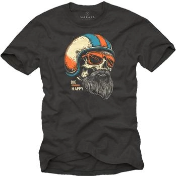 MAKAYA Motorrad T-Shirt Totenkopf Bart Helm grau