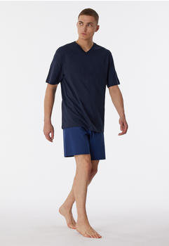 Schiesser Schlafanzug kurz V-Ausschnitt Hahnentritt Comfort Essentials (180250) dunkelblau