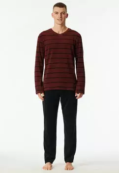 Schiesser Schlafanzug lang Frottee V-Ausschnitt Ringel burgund Casual Nightwear (183138-516)