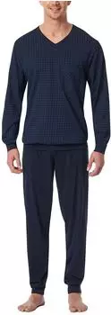 Schiesser Schlafanzug lang Bündchen Karos nachtblau Comfort Essentials (182194-804)