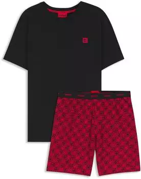 HUGO Pyjama aus Stretch-Baumwolle mit Stack-Logos Style AARON_SHORT SET 50556777 Schwarz / Rot