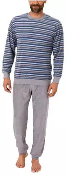 Normann Frottee Pyjama Langarm mit Bündchen in Streifenoptik (291 101 13 576) grau/blau
