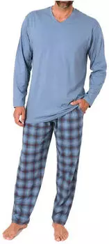 Normann Langer Schlafanzug mit Jersey Pyjama Hose in Karo Optik (124 101 90 446) blau