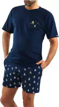 Sesto Senso Sommer Pyjama Herren Kurzarm Kurze Hose Zweiteilig (2556/10 DRUK) dunkelblau