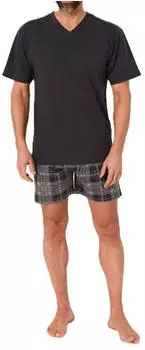 Normann Kurzarm Shorty Schlafanzug Set mit Jersey Pyjamahose in Karierter Optik (1261051080 3) anthrazit