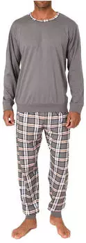Normann Pyjama Langarm Schlafanzug Set mit karierter Jersey Hose (223 101 10 852) hellgrau