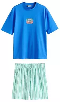 Next Fashion Kurzarm Grafik Jersey Pyjama Set 2-teilig (H8823708) hellbeige/royalblau/smaragd/mint