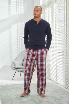 H.I.S Jeans Pyjama langer Stil mit Webhose (619937) marine/bordeaux