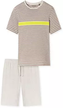 Schiesser Casual Nightwear Shorty Set mit Kontraststreifen und geripptem Rundhalsausschnitt (181165) braungrau