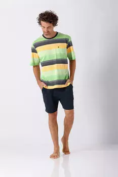 Hajo Premium Cotton Schlafanzug (Shorty) mint grün gelb gestreift