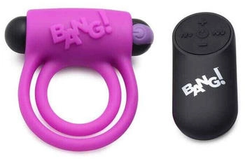 XR Brands BANG! Silicone Cock Ring & Bullet with Remote Control - Purple