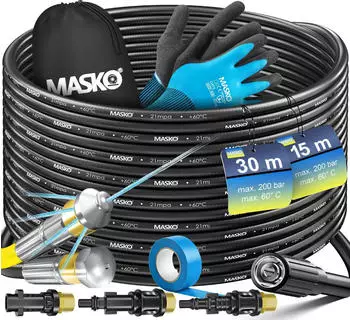 Masko Rohrreinigungsschlauch-Set 30m 200bar, 3 Adapter, 2 D&uuml;sen
