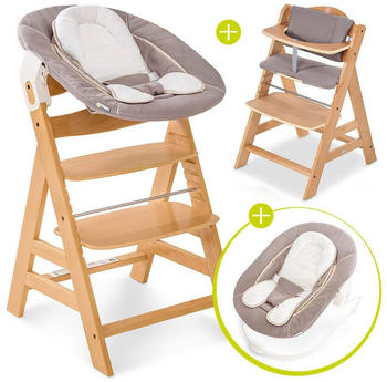 Hauck Alpha+ grau - Newborn Set (4-tlg.) Hochstuhl + Neugeborenenaufsatz & Wippe Stretch + Sitzkissen beige