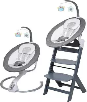 babyGO Family Homey Set Kinderhochstuhl mit elektrischer Babywippe & Spielbogen, grau/hellgrau