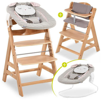 Hauck Alpha+ grau - Newborn Set (4-tlg.) Hochstuhl + Neugeborenenaufsatz & Wippe Stretch + Sitzkissen natur/powder bunny