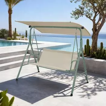 en.casa 'Satten' 3-Sitzer mit Sonnendach Stahlgestell 173 x 119 x 153 cm Hellgr&uuml;n / Beige