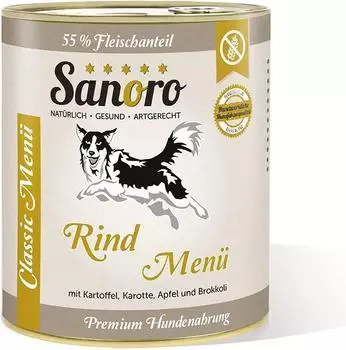 Sanoro Menü Classic vom Rind mit 55% Fleischanteil mit Bio-Kartoffel und Bio-Karotte 6x800g