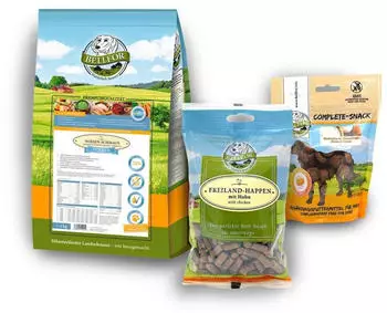 Bellfor Welpenfutter Set f&uuml;r gro&szlig;e Rassen Wiesen-Schmaus Junior 4 kg + Freiland-Happen 200g + Gelenke & Knochen Complete-Snack 150g