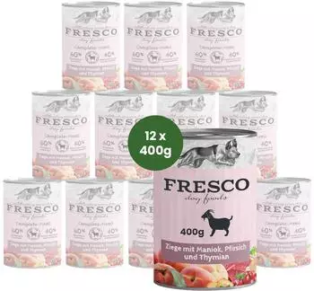 Fresco Dog Complete-Menü Ziege mit Maniok, Pfirsich und Thymian 12 x 400 g