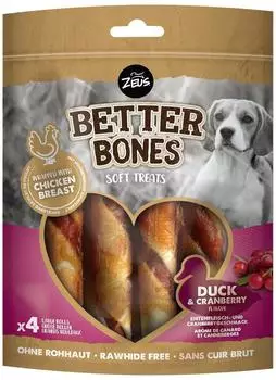Zeus (1,15 EUR/St&uuml;ck) BetterBones Rolls mit Ente & Cranberry - 4er Pack