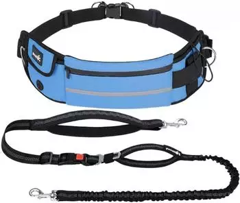 Pecute Joggingleine mit Bauchgurt und Gürteltasche, elastisch, reflektierend, blau