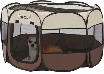 en.casa Hundelaufstall Telford 58 x 114 x 114 cm Braun / Cremefarben