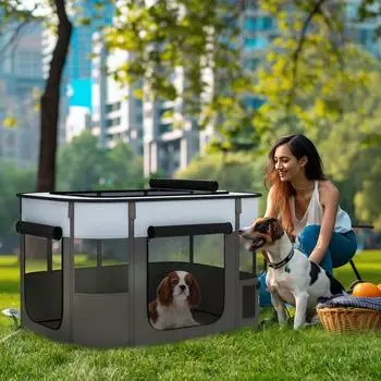 Pawhut Welpenauslauf Oxford-Stoff Nylonnetz grau 94 x 74 x 60 cm