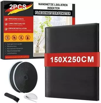 LuxusKollektion Fliegengitter Fenster ohne Bohren, 150x250cm, schwarz, 2er-Pack