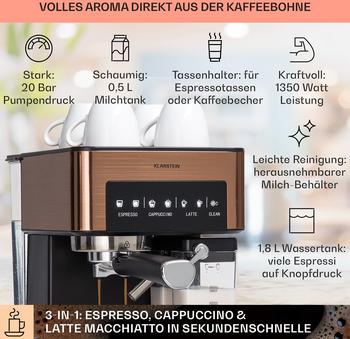 Klarstein Arabica Comfort Kupfer-Metallic – Klarstein Arabica Comfort Kupfer-Metallic – Vielfältige Kaffeespezialitäten auf Knopfdruck