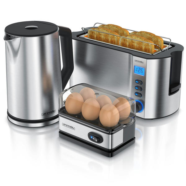 Arendo Frühstücksset 3-teilig inkl. Wasserkocher 1,5l + 4-Scheiben Langschlitz Toaster + Eierkocher silber