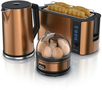 Arendo Frühstücks-Set 3-tlg Wasserkocher 1,5L 4-Scheiben Toaster 7er Eierkocher kupfer