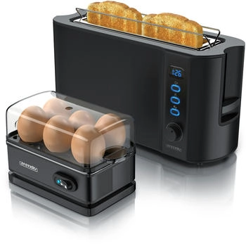 Arendo Frühstücks-Set (2-tlg), 2-Scheiben Langschlitz Toaster, 6er Eierkocher, Schwarz