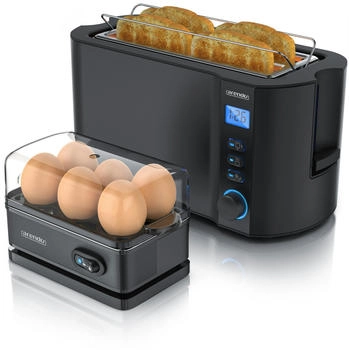 Arendo Frühstücks-Set (2-tlg), 4-Scheiben Langschlitz Toaster, 6er Eierkocher, Schwarz