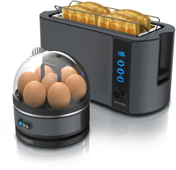 Arendo Frühstücks-Set (2-tlg), 4-Scheiben Langschlitz Toaster, 7er Eierkocher, Cool Grey